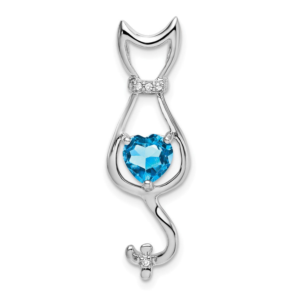 10k White Gold Heart Blue Topaz and Diamond Cat Pendant