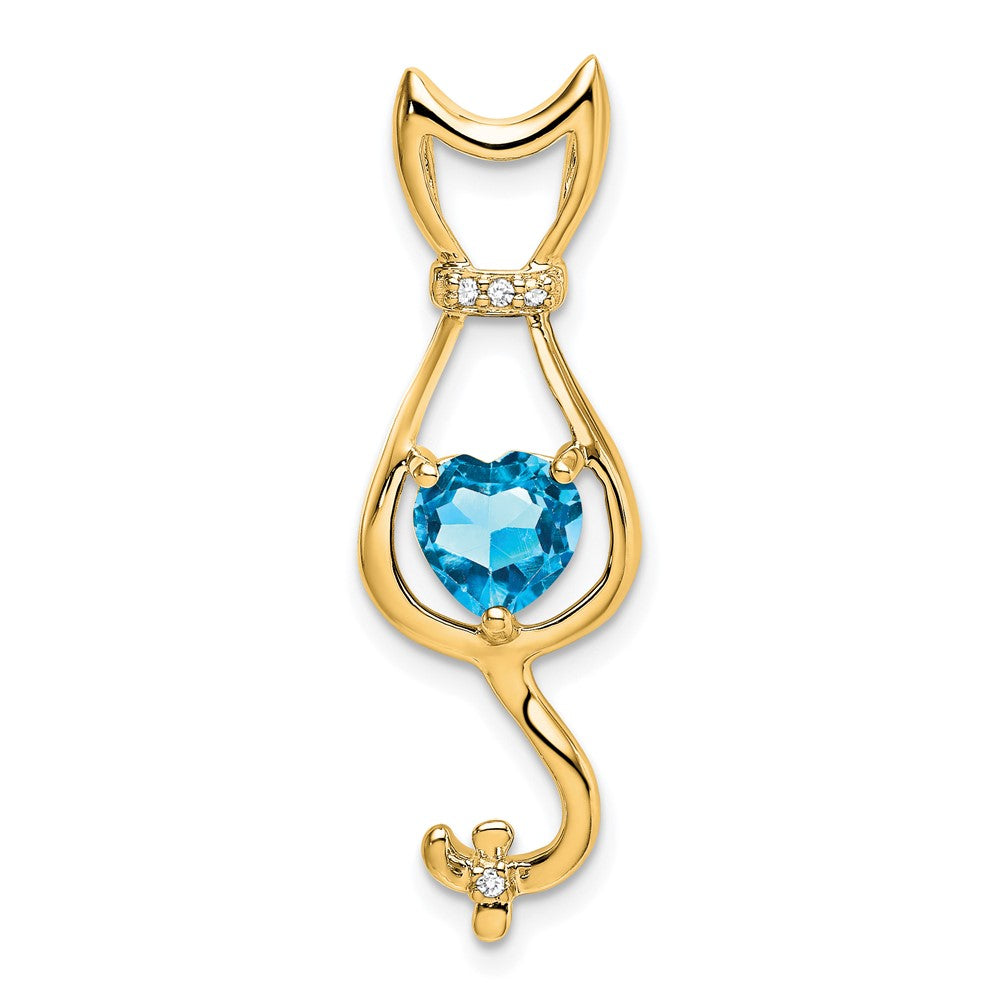 14k Heart Blue Topaz and Diamond Cat Chain Slide