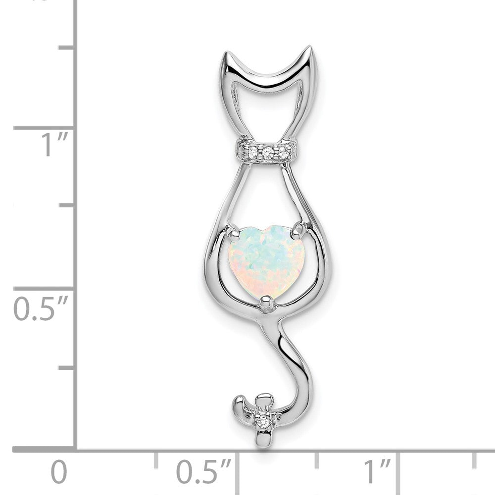 14k White Gold Created Opal and Diamond Cat Pendant