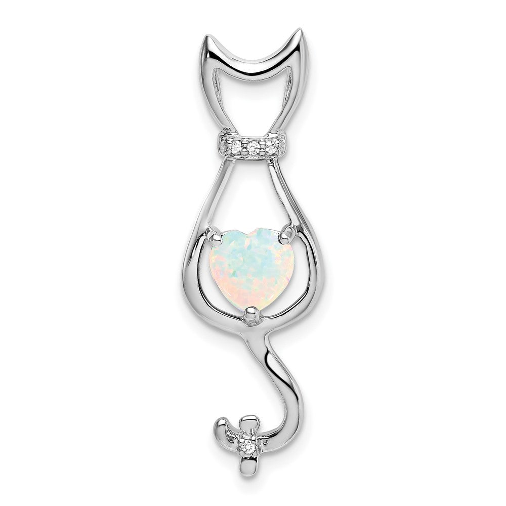 14k White Gold Created Opal and Diamond Cat Pendant