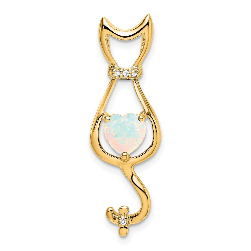 14k Created Opal and Diamond Cat Pendant