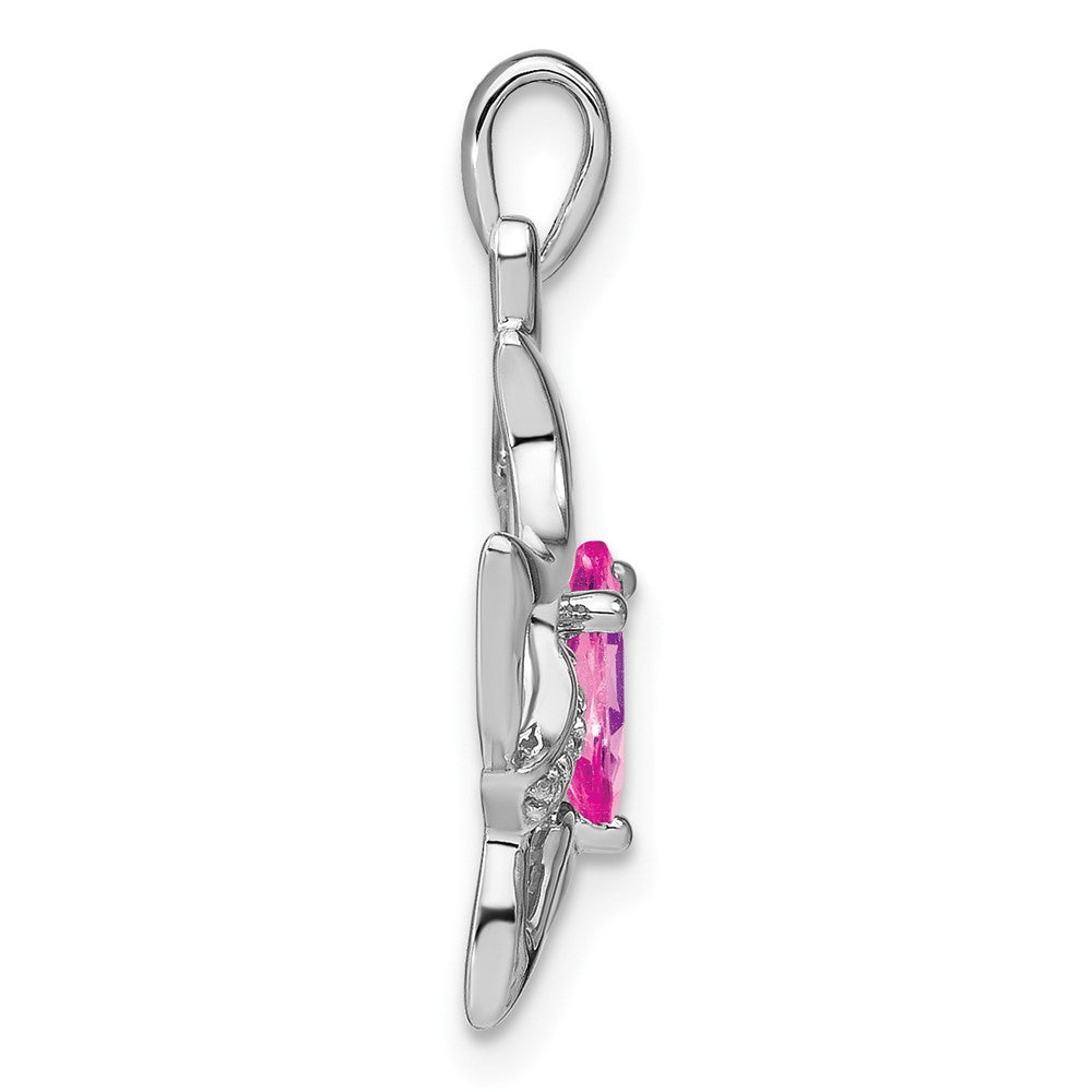 14k White Gold Created Pink Sapphire and Diamond Cat Pendant