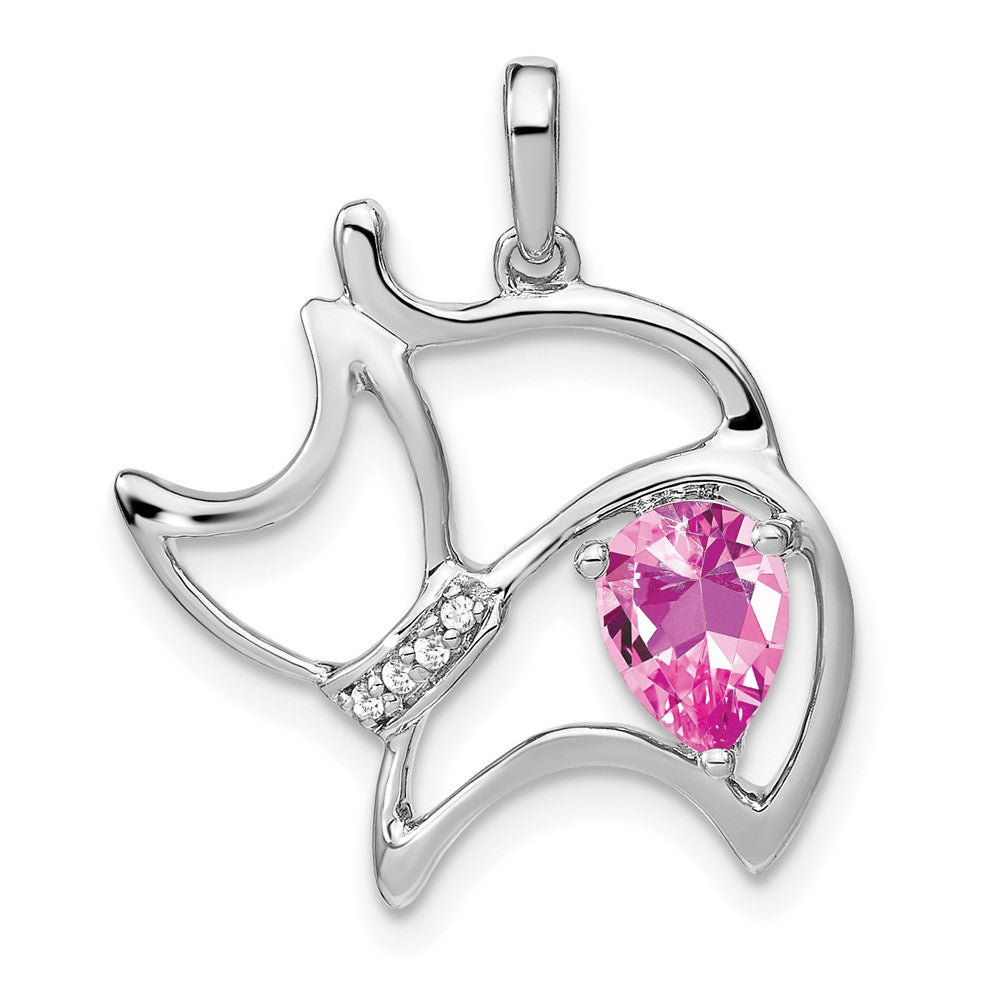 14k White Gold Created Pink Sapphire and Diamond Cat Pendant