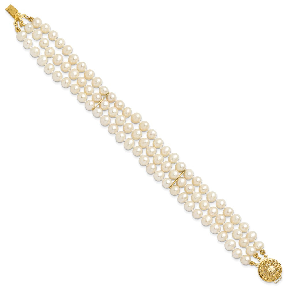 14k 5- White Near-Round Freshwater Cultured Pearl 3-Strand Bracelet