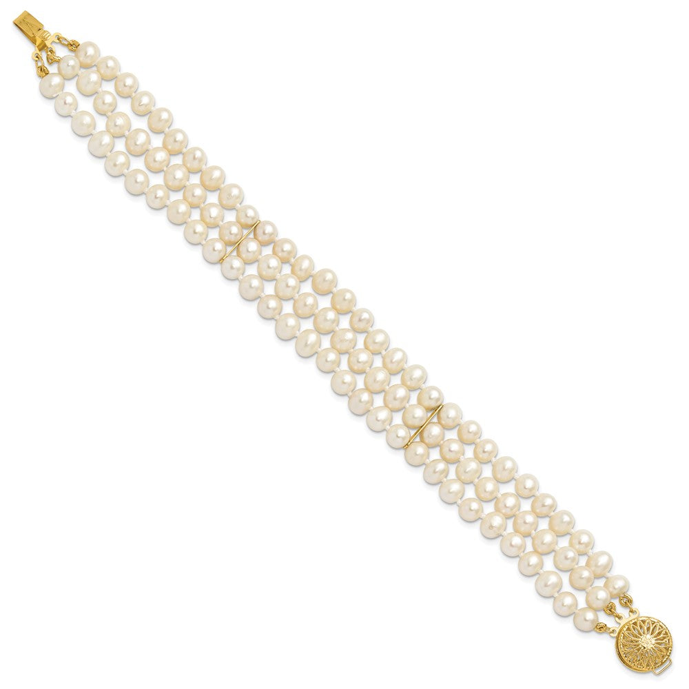 14k 5- White Near Round FW Cultured Pearl 3-strand Bracelet