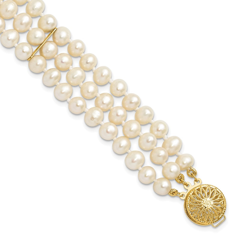 14k 5- White Near-Round Freshwater Cultured Pearl 3-Strand Bracelet