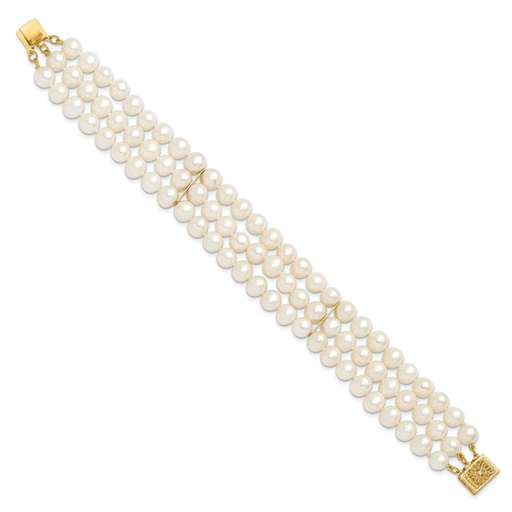 14k 6- White Near Round FW Cultured Pearl 3-strand Bracelet