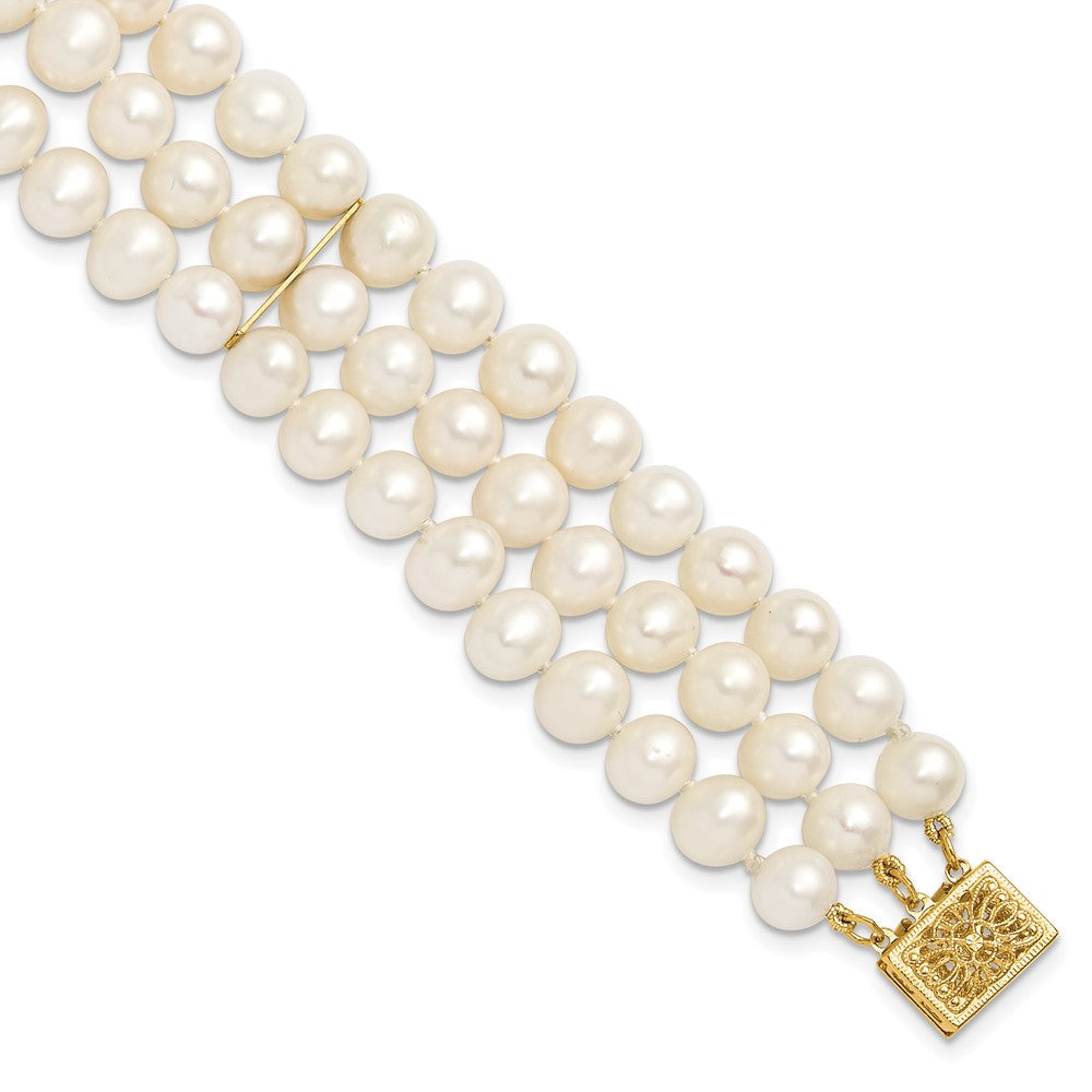 14k 6- White Near Round FW Cultured Pearl 3-strand Bracelet