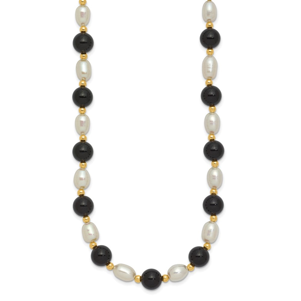 14k 6- White Rice FW Cultured Pearl Onyx Bead Necklace