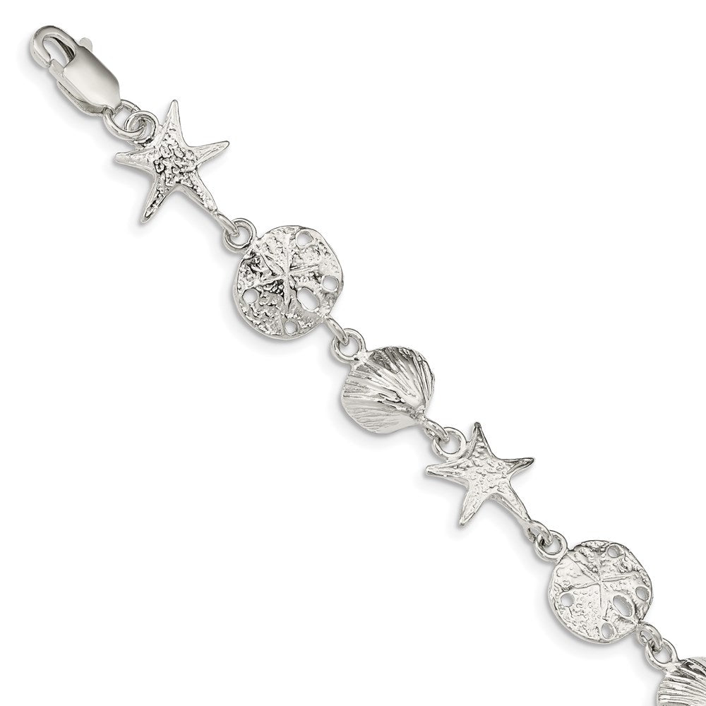 Sterling Silver Polished Seashells and Starfish Bracelet