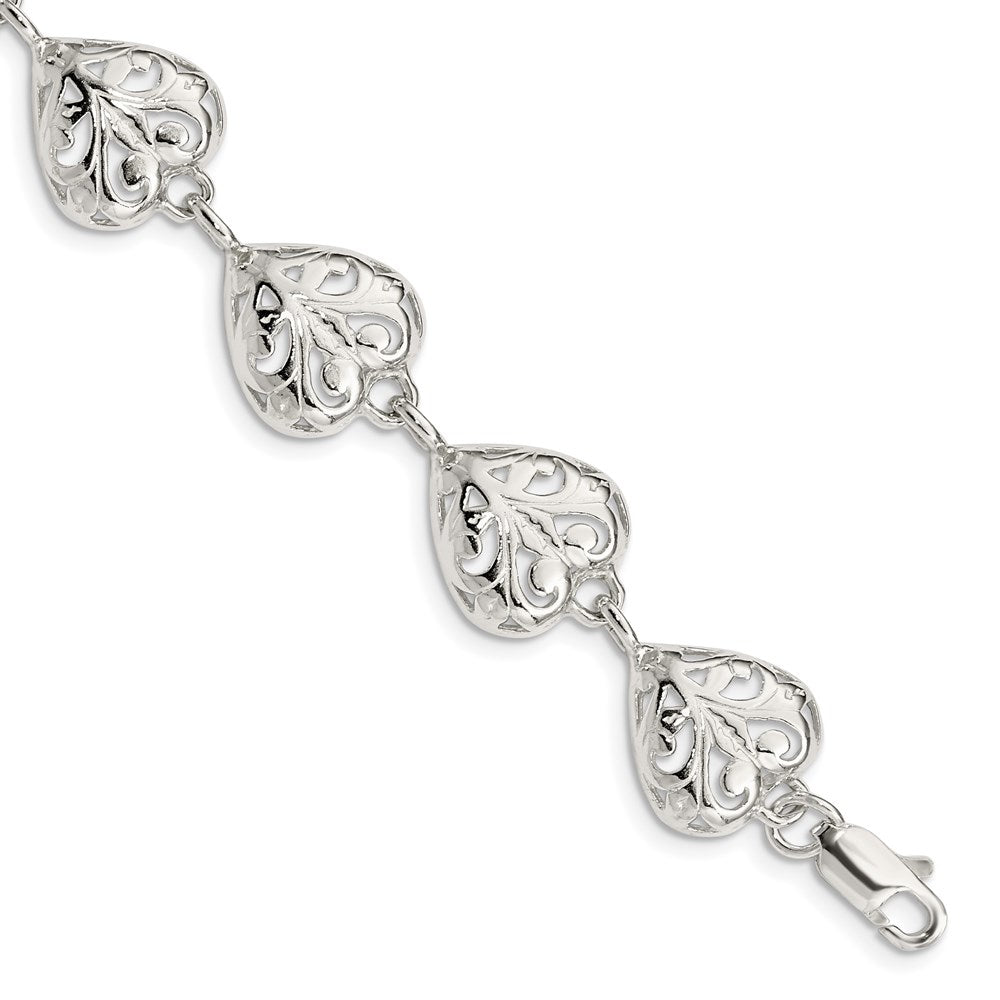 Sterling Silver Fancy Filigree Heart Bracelet