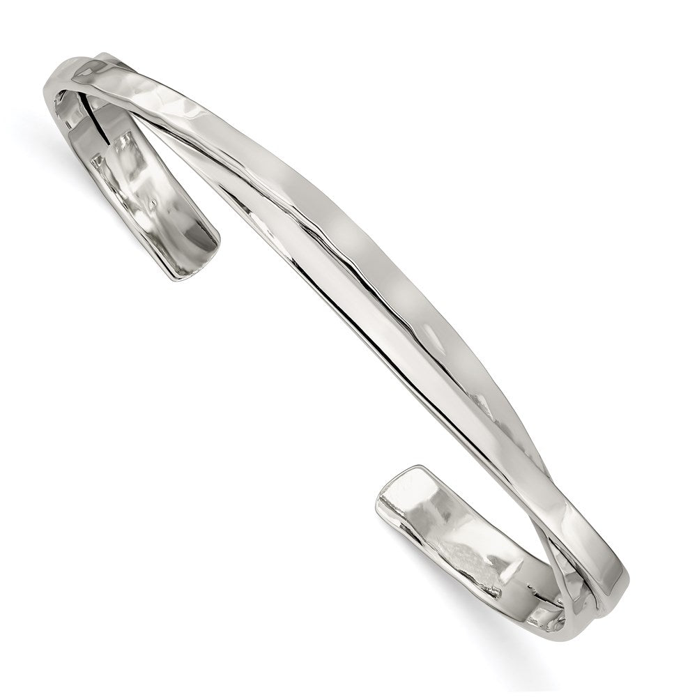 Sterling Silver Rhodium-plated Polished Hammered Bands Cuff Bangle
