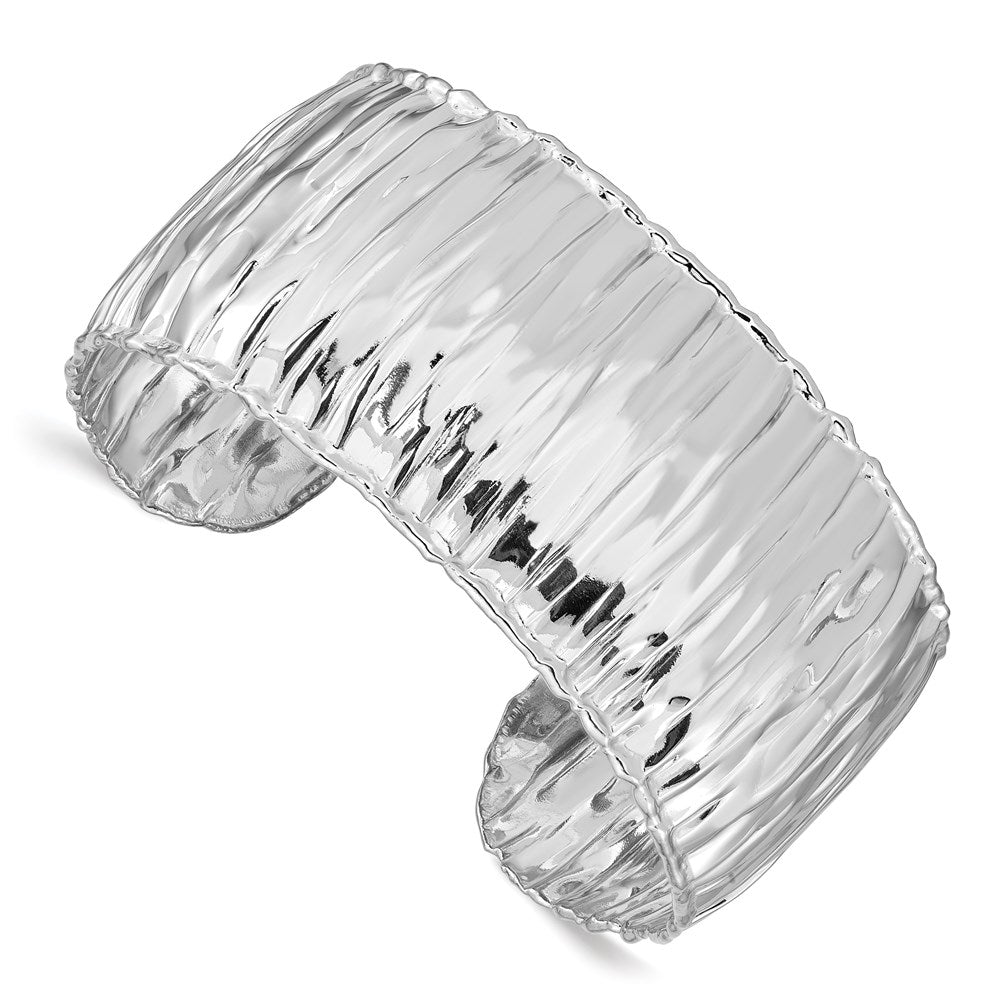 Sterling Silver Rhodium-plated Polish Textured Cuff Bangle