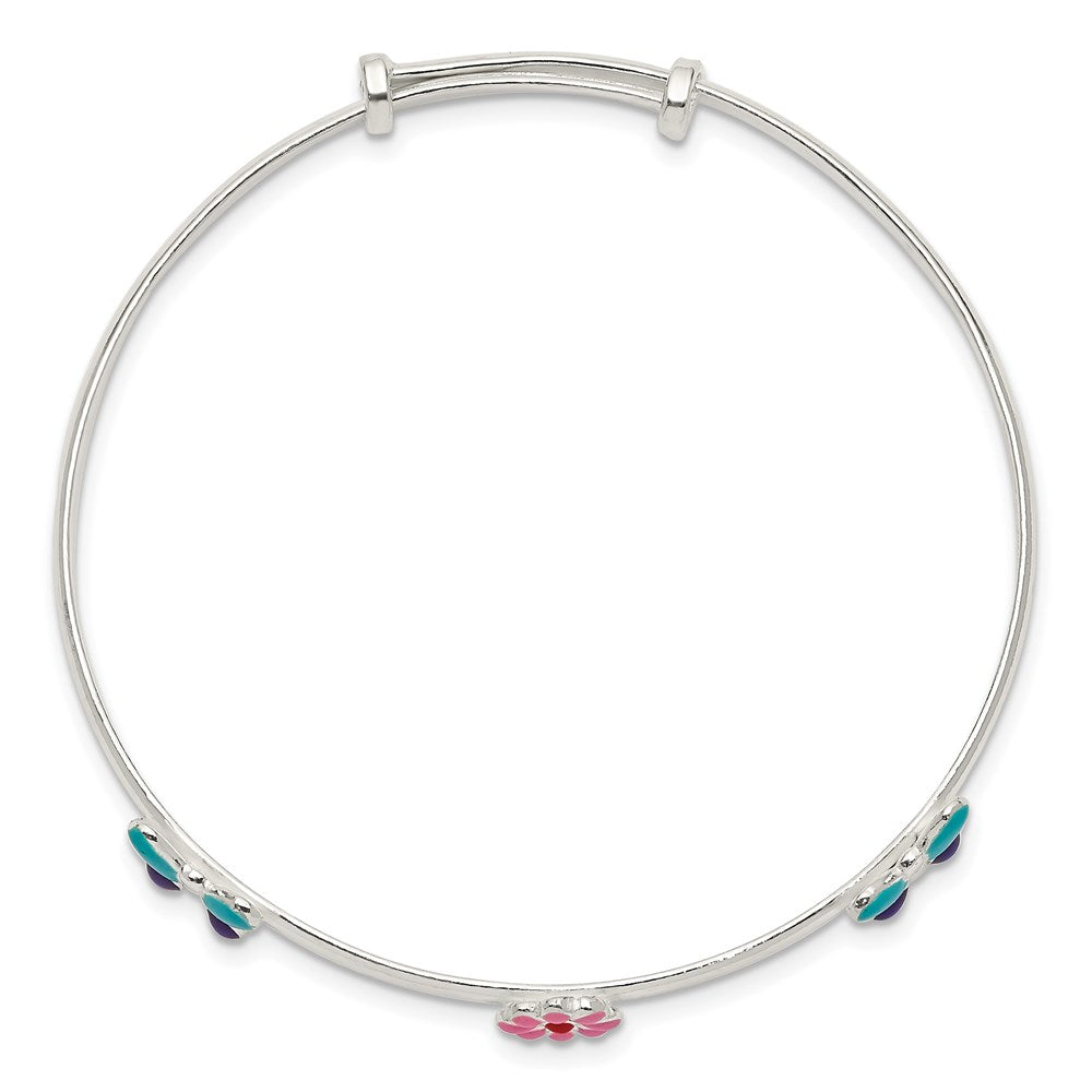 Sterling Silver Enameled Pink/Red Flower and Blue/Purple Butterfly Adjustable Small Bangle Bracelet