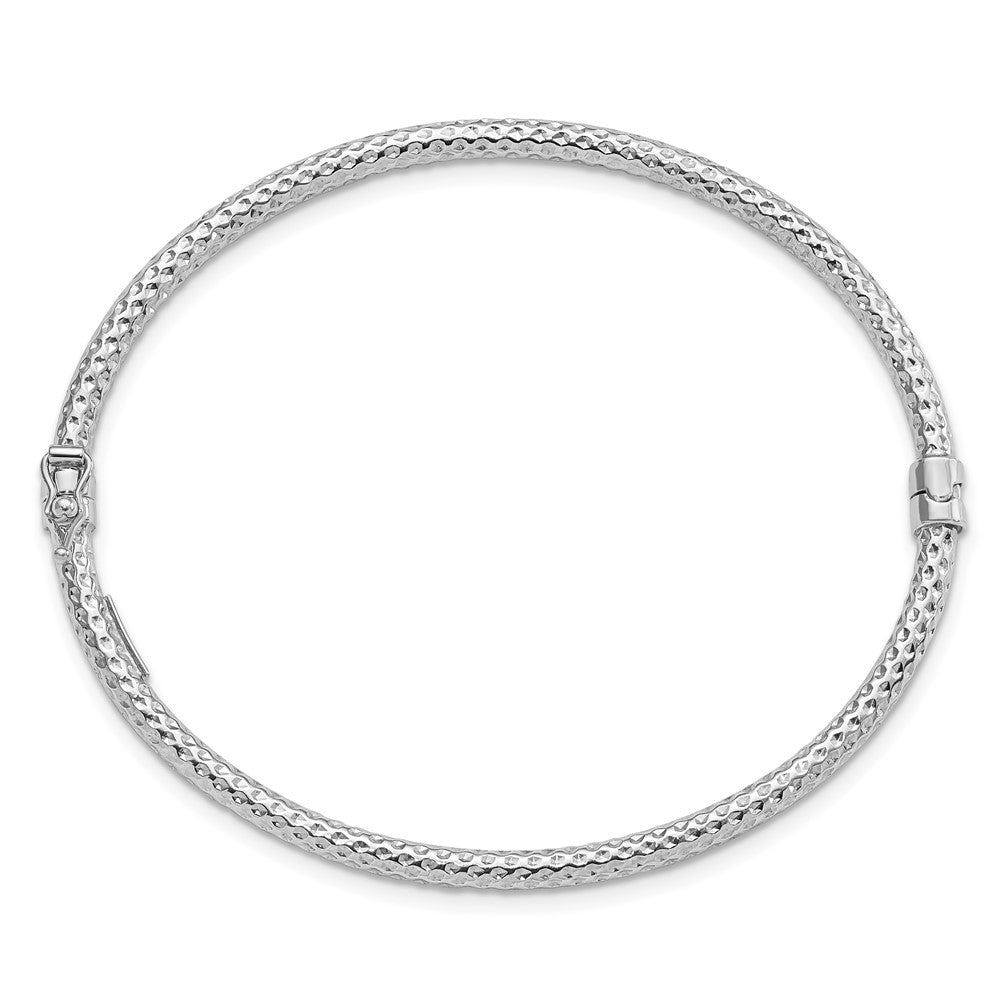 Sterling Silver Rhodium-plated Polished Textured Hinged Bangle