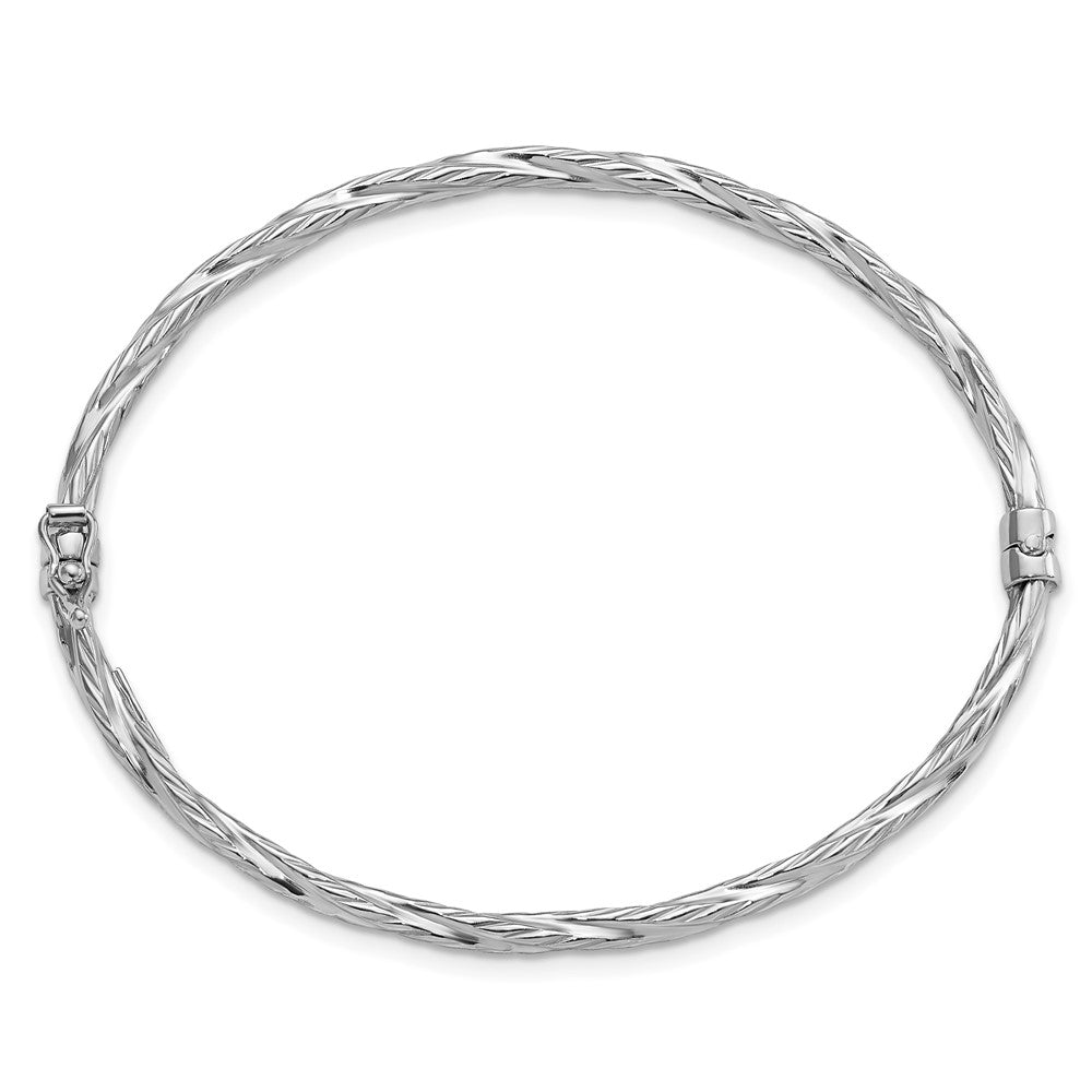 Sterling Silver Rhod-platd Textured Twisted Hinged Bangle