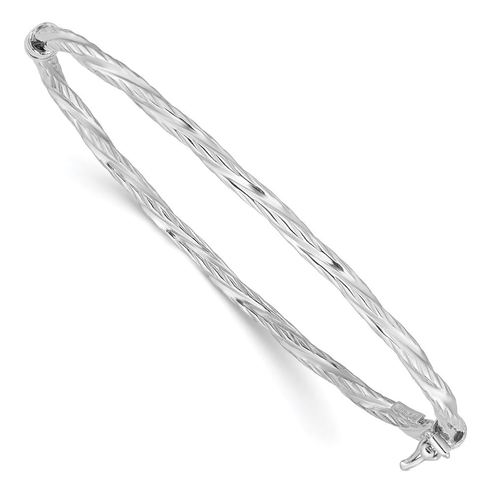 Sterling Silver Rhod-platd Textured Twisted Hinged Bangle