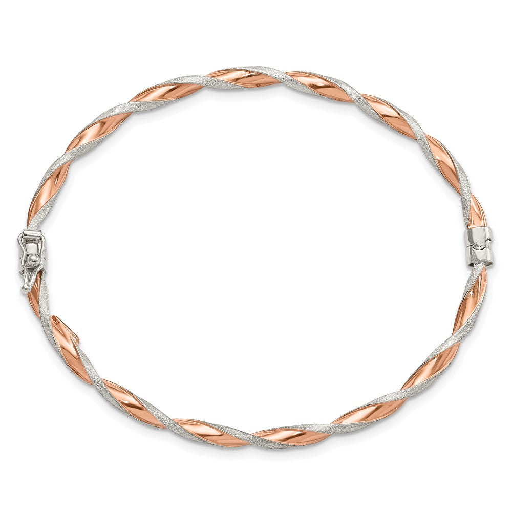Sterling Silver Rose-tone Satin and Polished Twisted Hinged Bangle