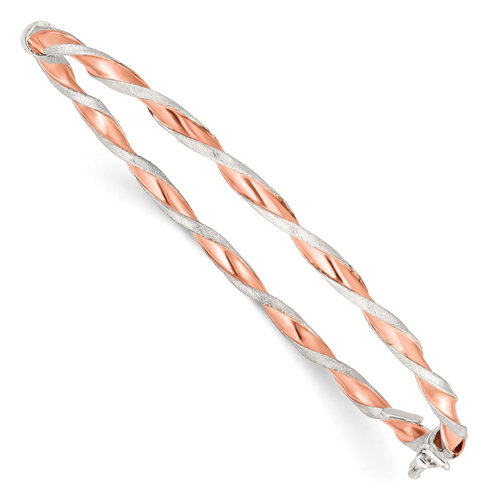 Sterling Silver Rose-tone Satin and Polished Twisted Hinged Bangle
