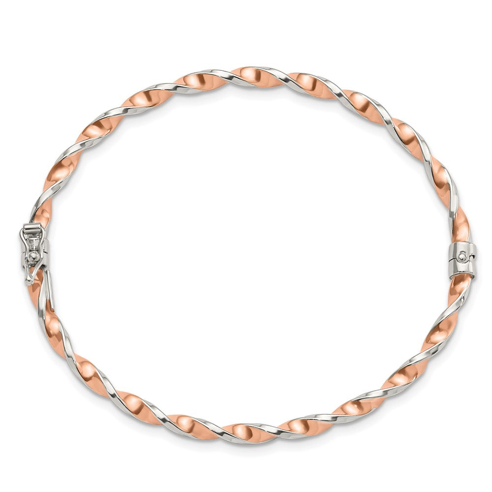 Sterling Silver Rose-tone Polished Twisted Hinged Bangle
