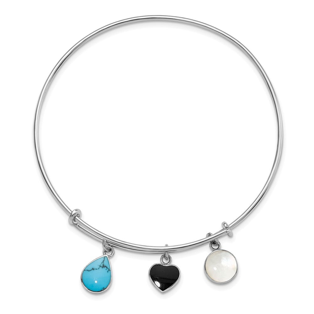 Sterling Silver Rhodium-plated Onyx Heart/Synthetic Turquoise/Mother of Pearl Charms Expandable Slip-on Bangle