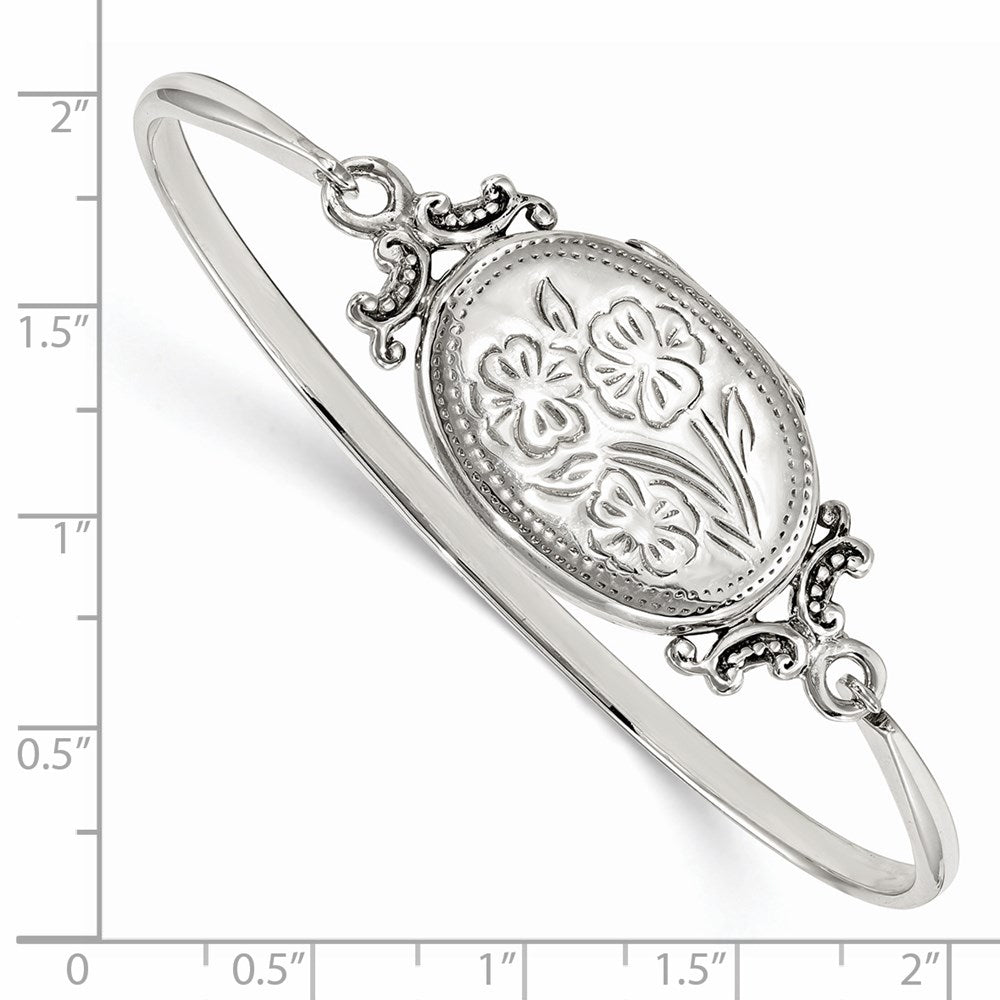 Sterling Silver Floral Oval Locket Bangle Bracelet