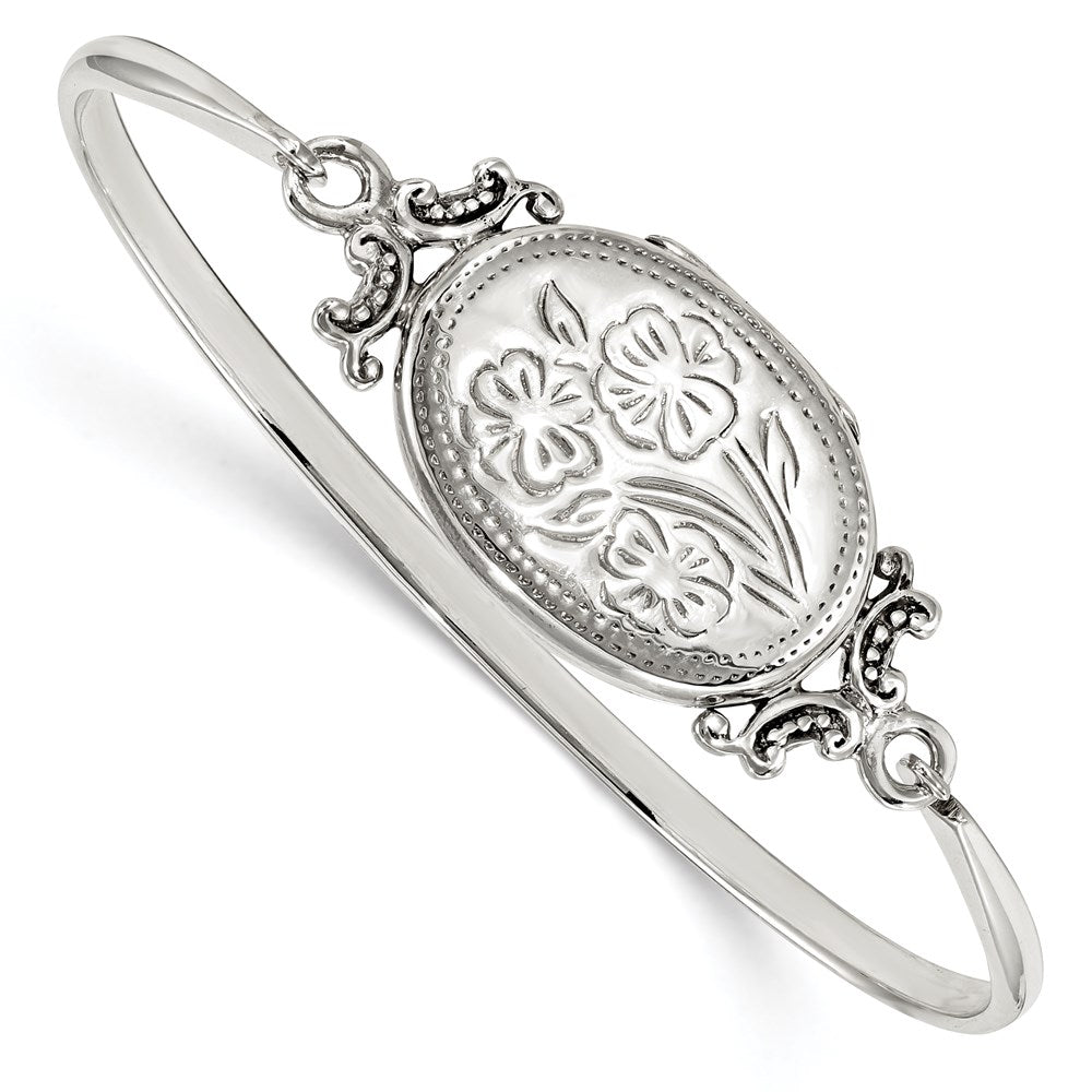 Sterling Silver Floral Oval Locket Bangle Bracelet