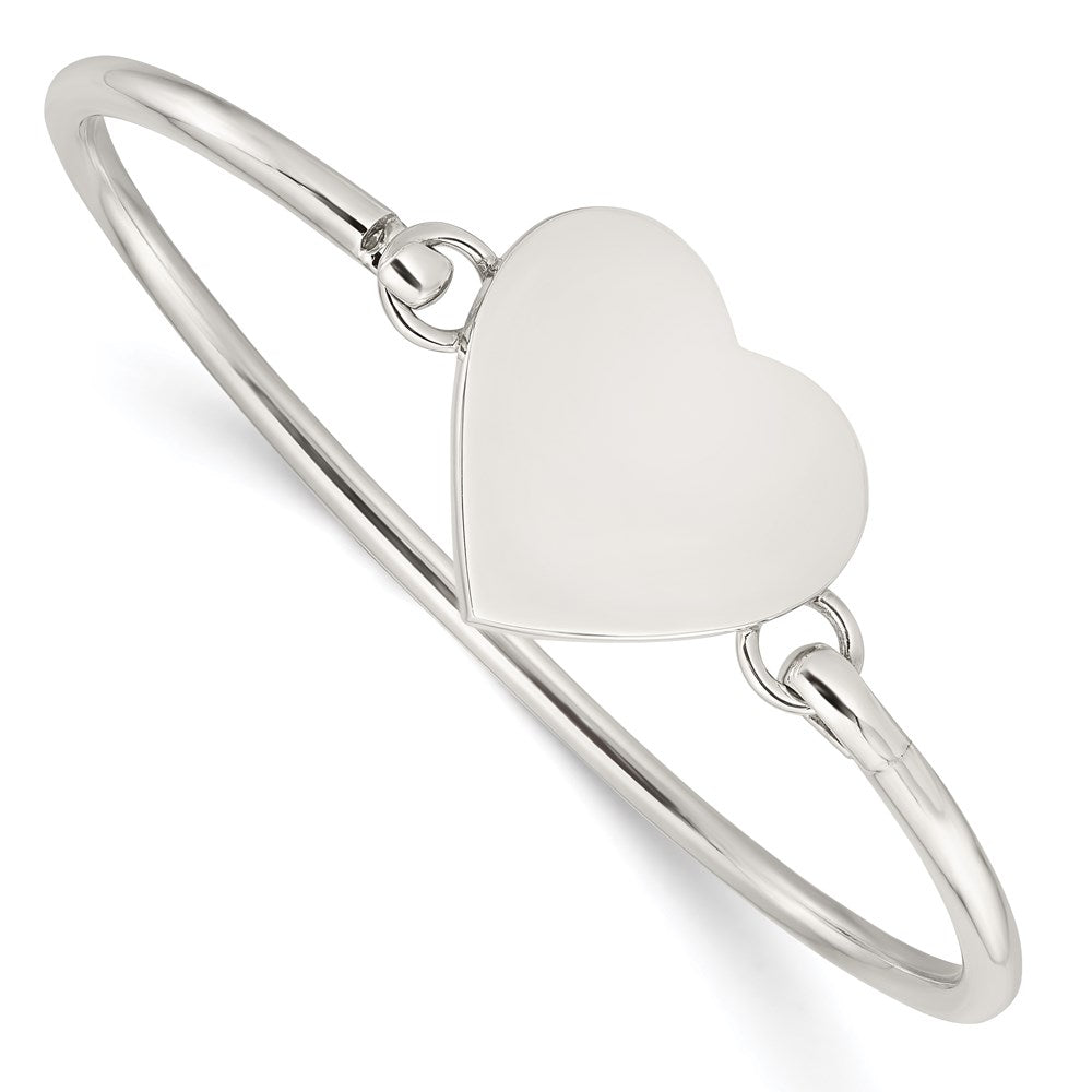 Sterling Silver Polished Engravable Heart Disc Hook Closure Bangle