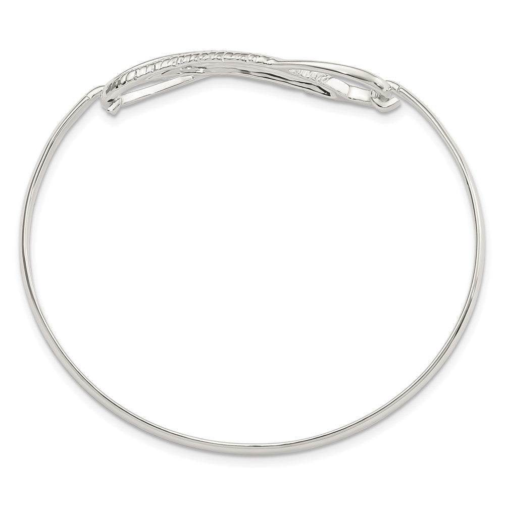 Sterling Silver Polished Infinity with Feather Hook Closure Bangle Bracelet