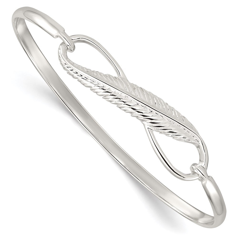 Sterling Silver Polished Infinity with Feather Hook Closure Bangle Bracelet
