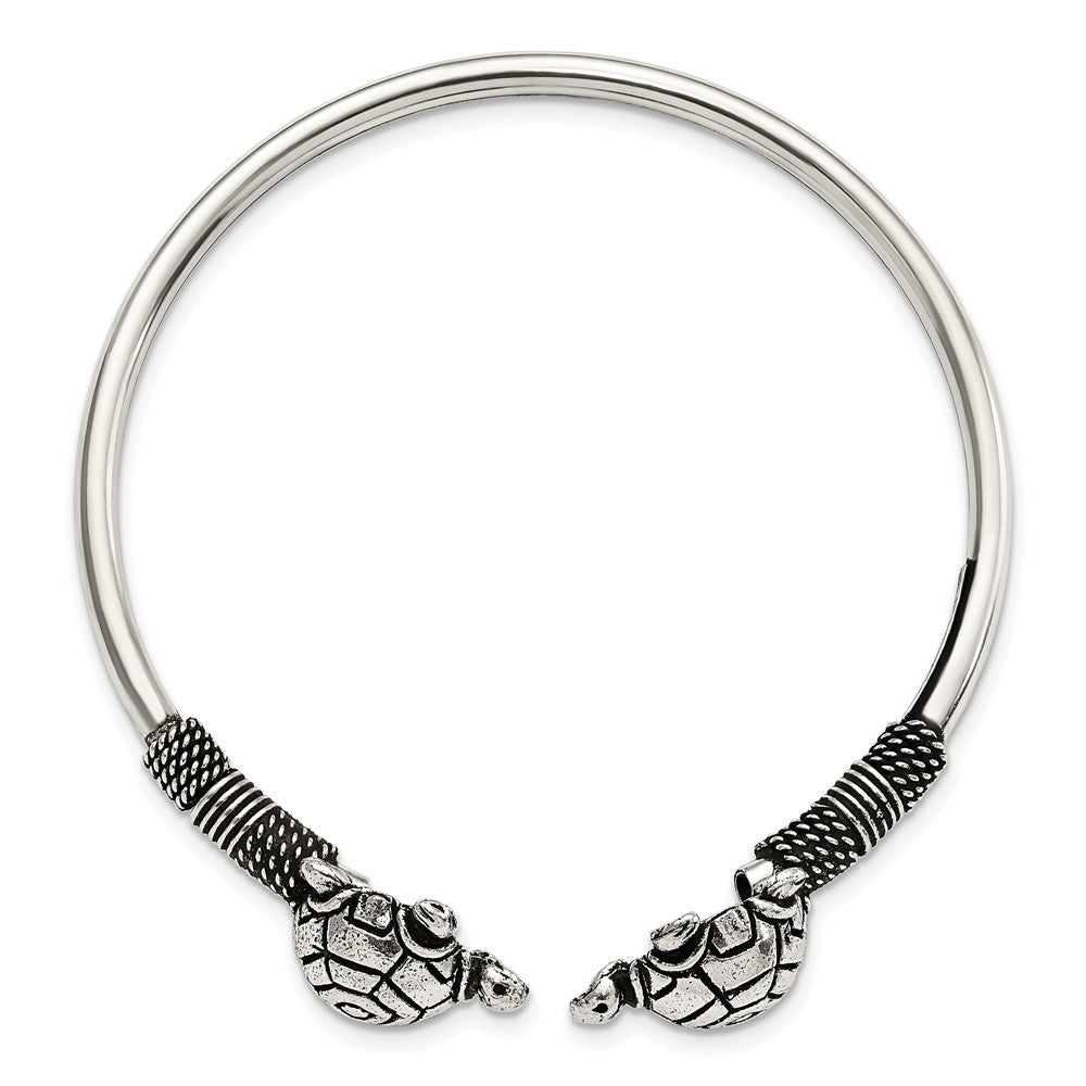 Sterling Silver Polished Antiqued Two Turtles Flexible Bangle