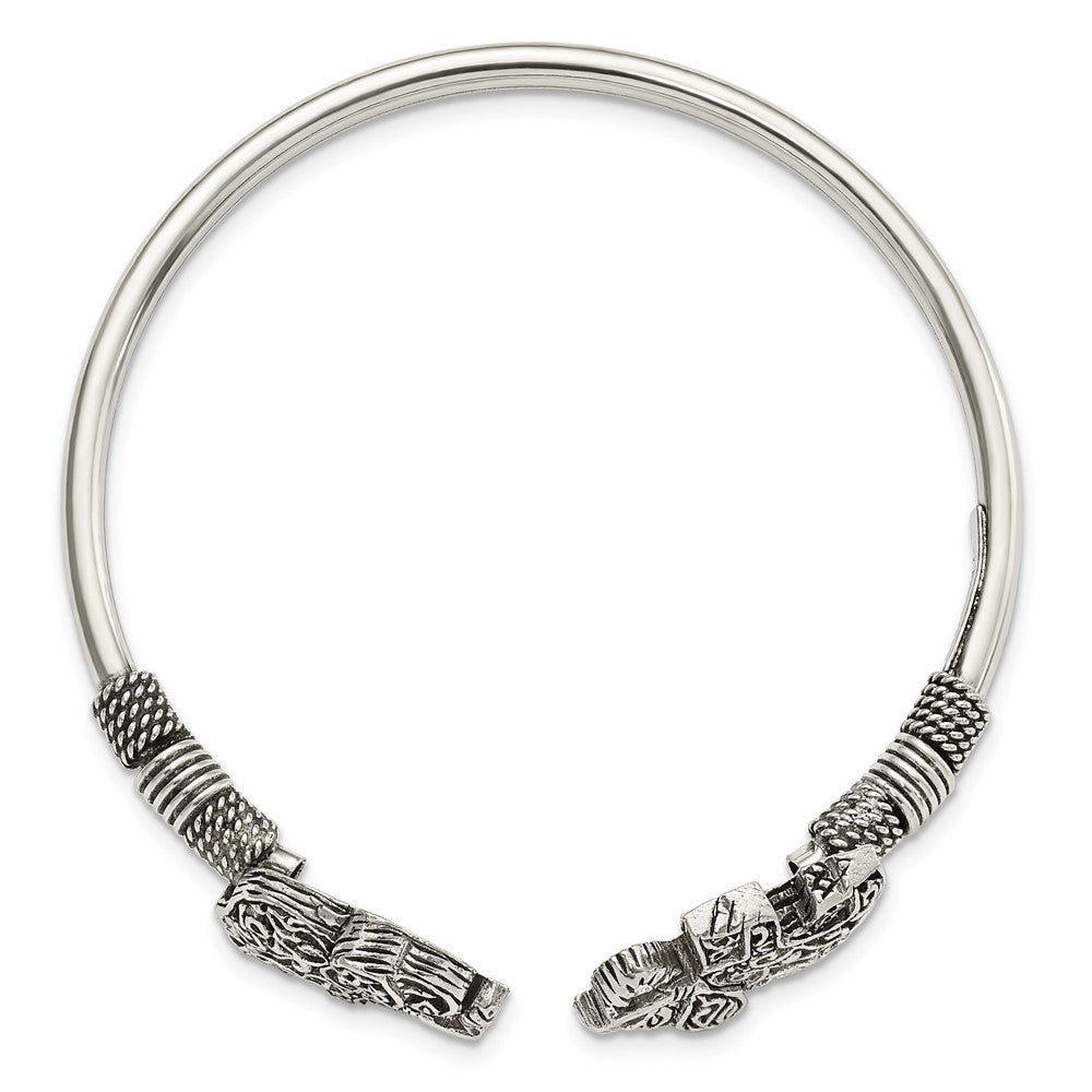 Sterling Silver Polished Antiqued Filigree Two Elephants Flexible Bangle