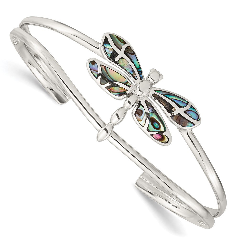 Sterling Silver Polished Abalone Dragonfly Cuff Bangle Bracelet
