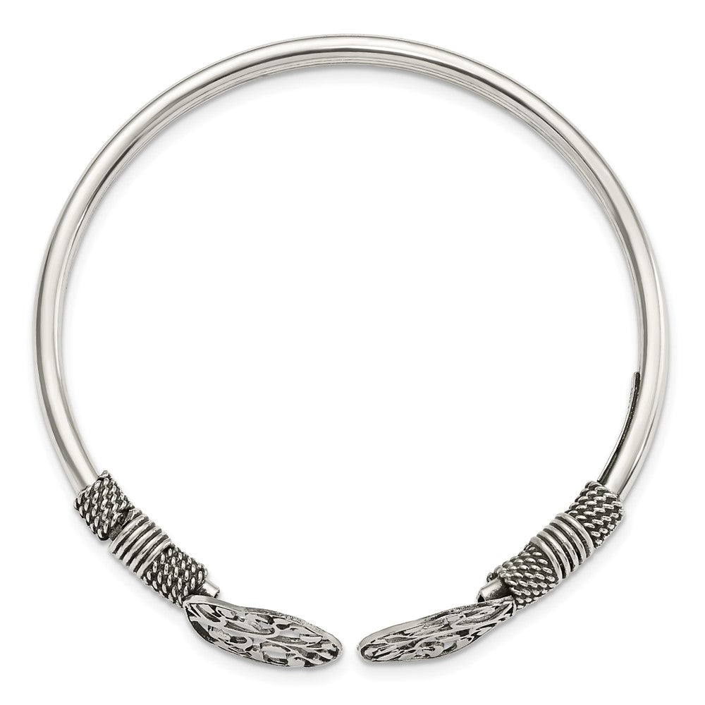 Sterling Silver Polished Antiqued Tree of Life Flexible Bangle