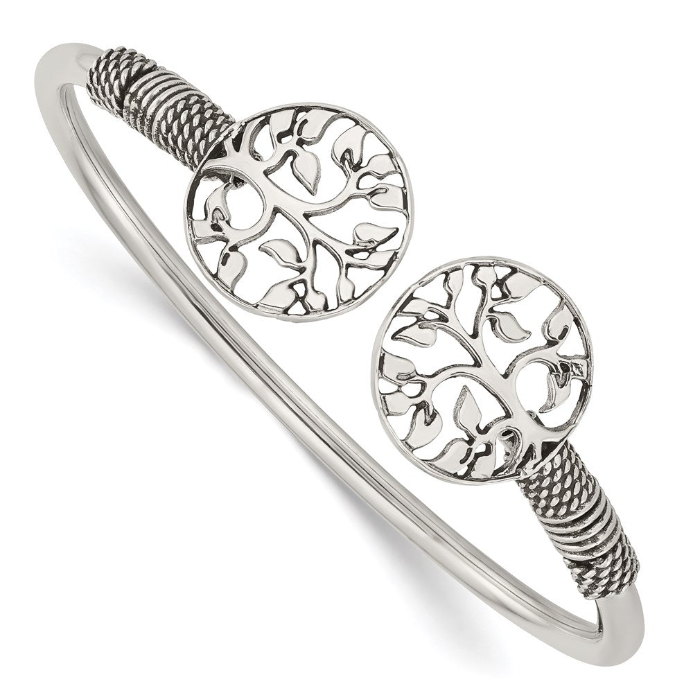 Sterling Silver Polished Antiqued Tree of Life Flexible Bangle