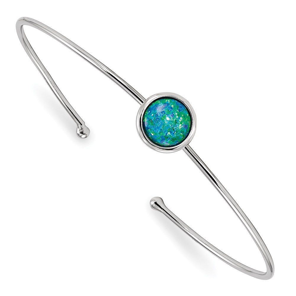 Sterling Silver Rhodium-plated Synthetic Blue Opal Slip-on Cuff Bangle