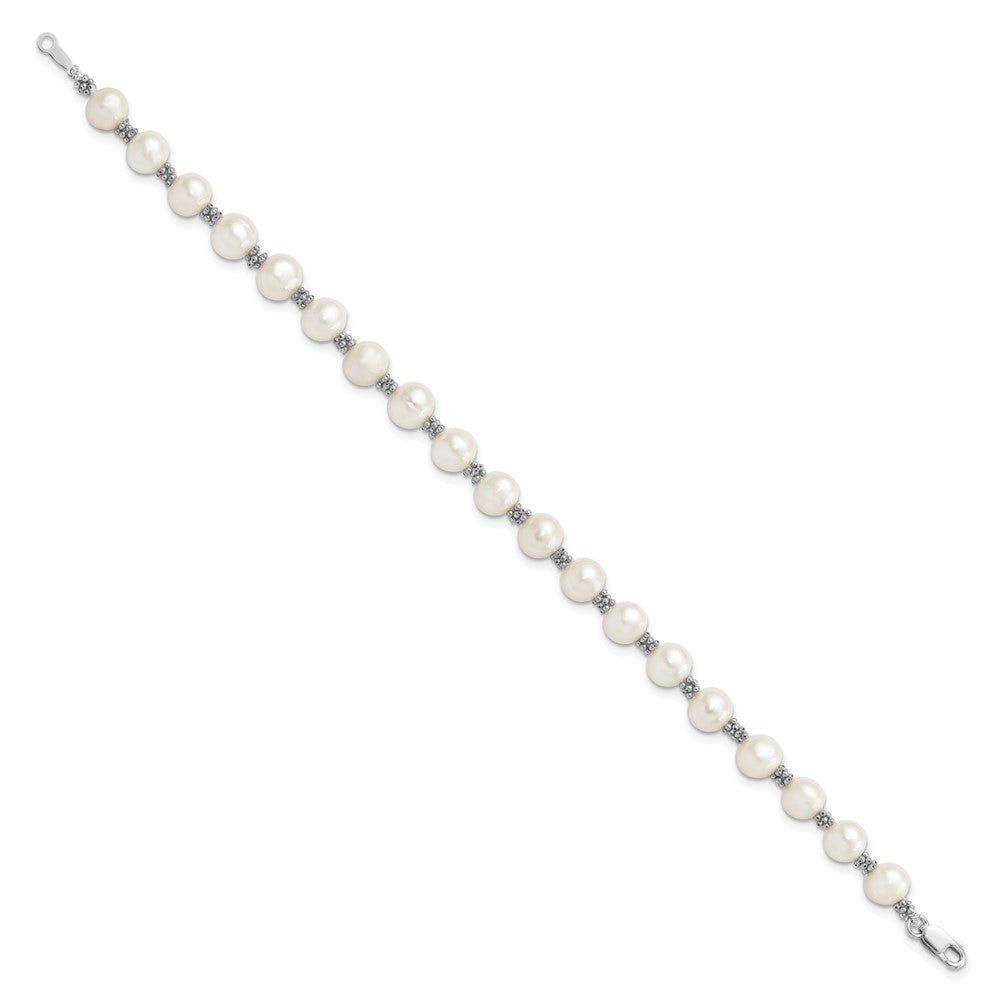 Sterling Silver Rhodium-plated 6- White Round Freshwater Cultured Pearl Bracelet