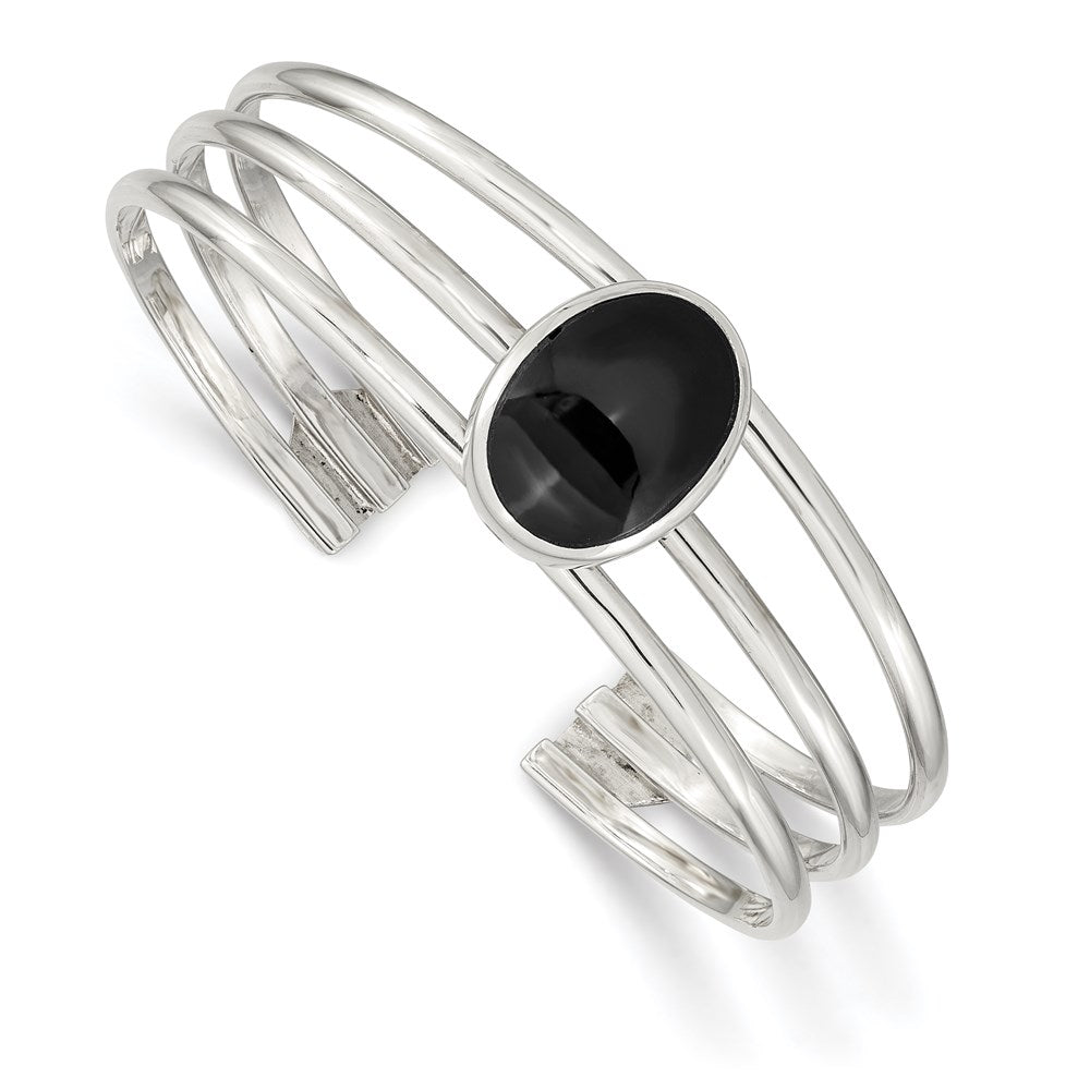 Sterling Silver Synthetic Oval Onyx Three Strand Cuff Bangle Bracelet