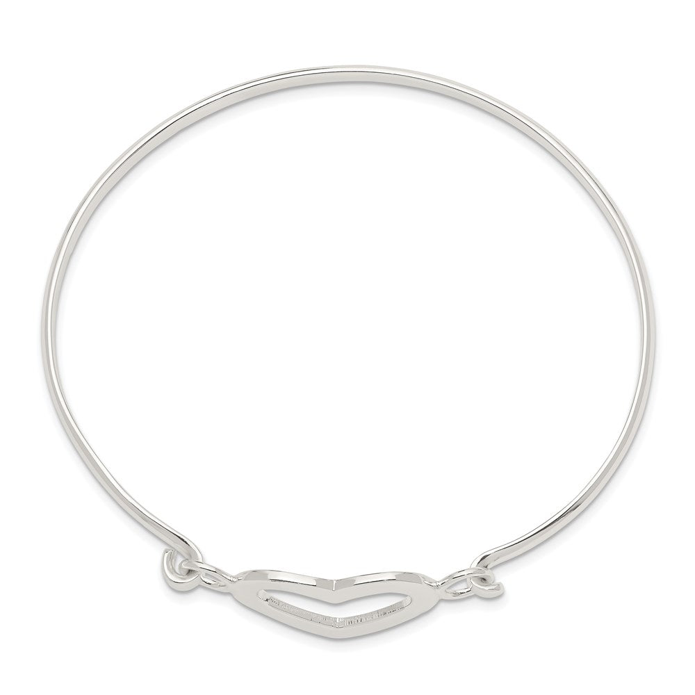 Sterling Silver Polished Heart Hook Closure Bangle Bracelet