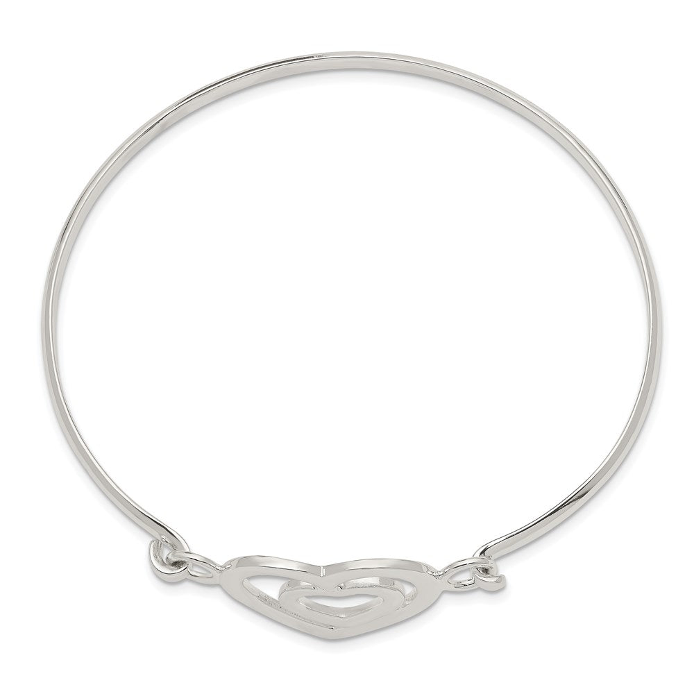 Sterling Silver Polished Heart Within a Heart Hook Closure Bangle Bracelet