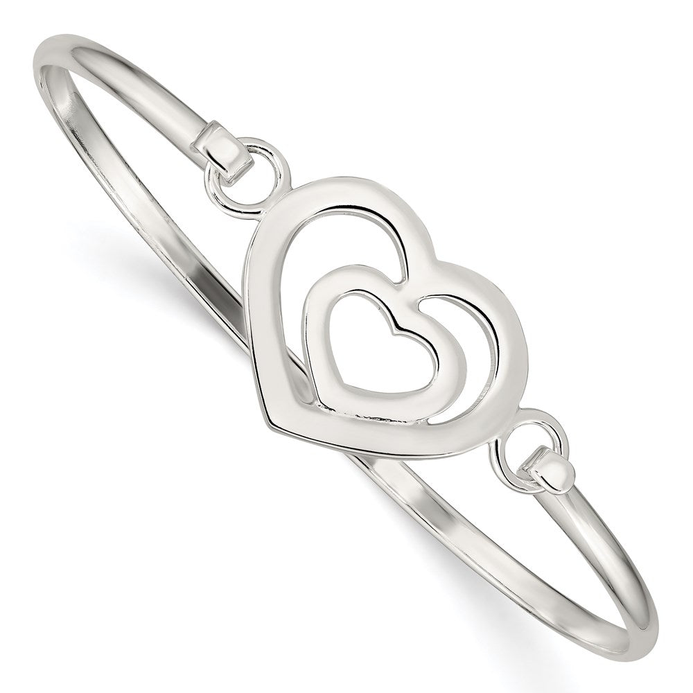 Sterling Silver Polished Heart Within a Heart Hook Closure Bangle Bracelet