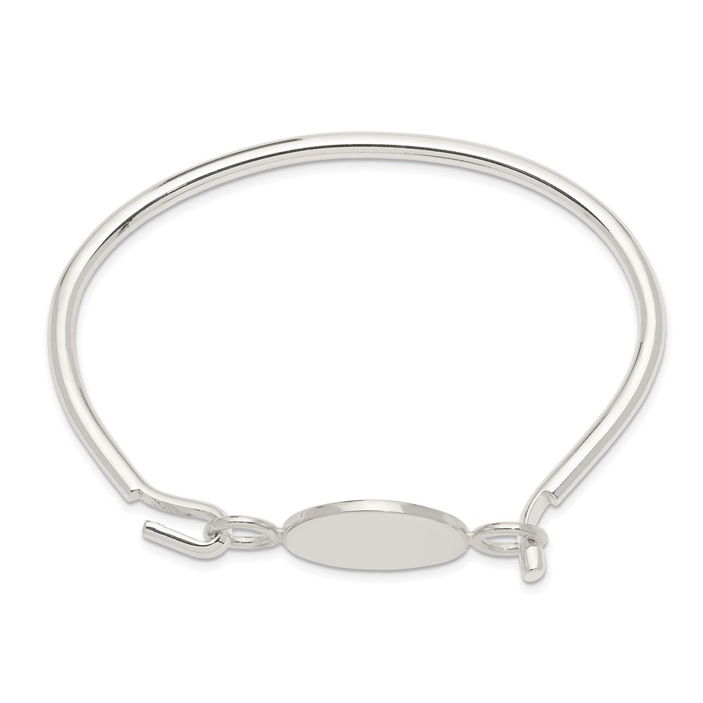 Sterling Silver Polished Engravable Round ID Plate Hook Closure Bangle Bracelet