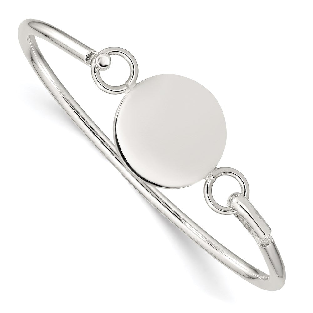 Sterling Silver Polished Engravable Round ID Plate Hook Closure Bangle Bracelet
