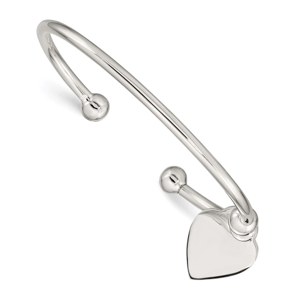Sterling Silver Polished Heart Charm Cuff Bangle Bracelet