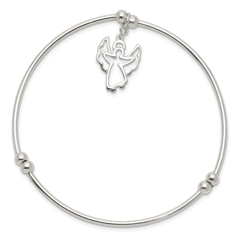 Sterling Silver Rhodium-plated Polished Bead with Angel Charm Stretch Bangle Bracelet