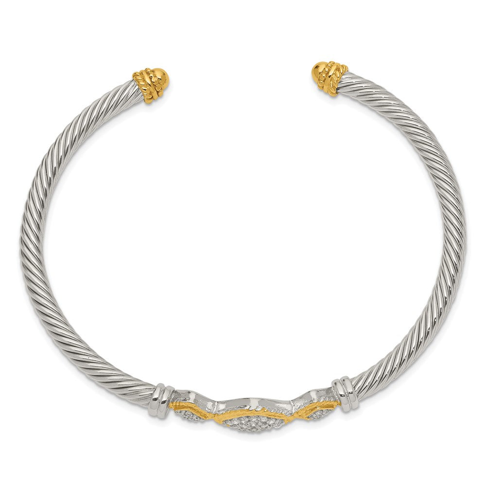 Sterling Silver Rhodium-plated with Vermeil CZ Rope Design Cuff Bangle