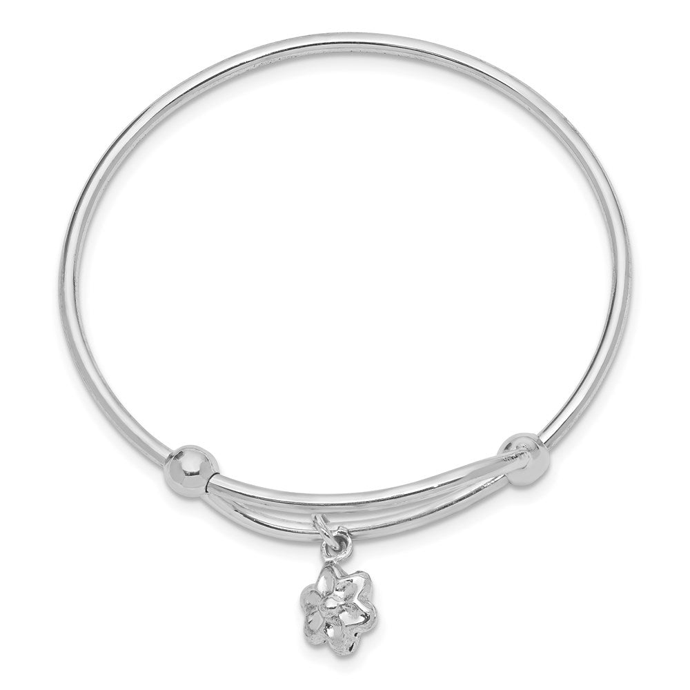 Sterling Silver RH-pltd Polished w/Dangle Flower Small Adj/Expand Bangle