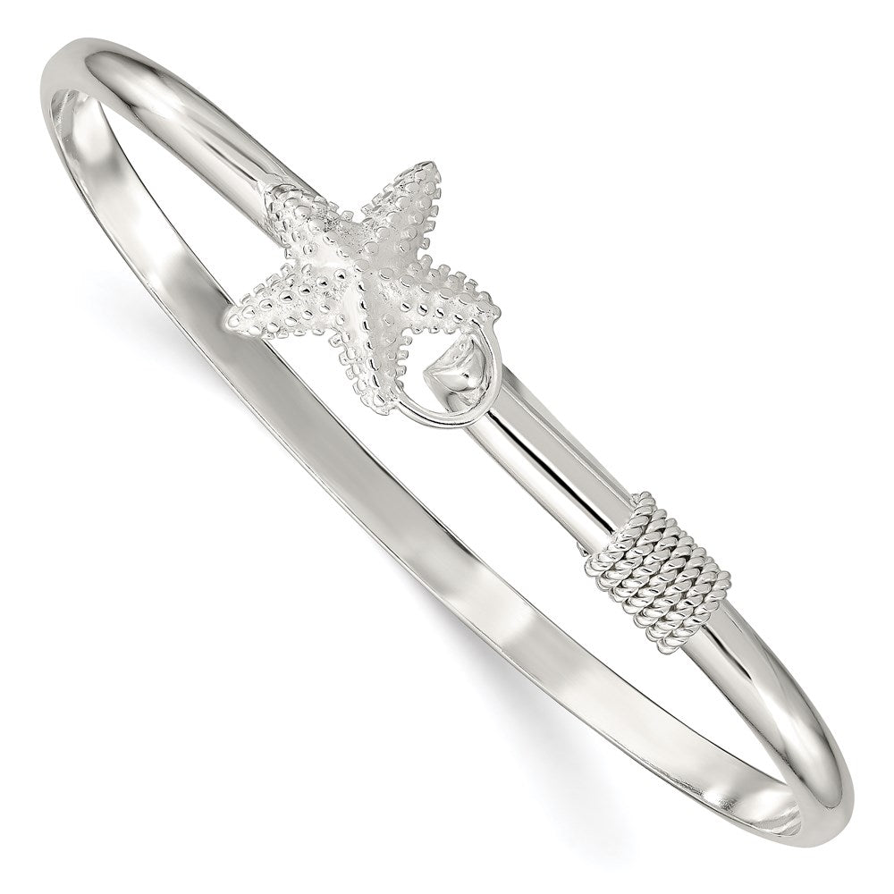 Sterling Silver Polished and Textured Starfish Hook Closure Bangle