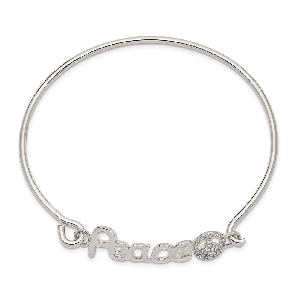 Sterling Silver Rhodium-plated Polished PEACE with CZ Peace Sign Hook Closure Bangle