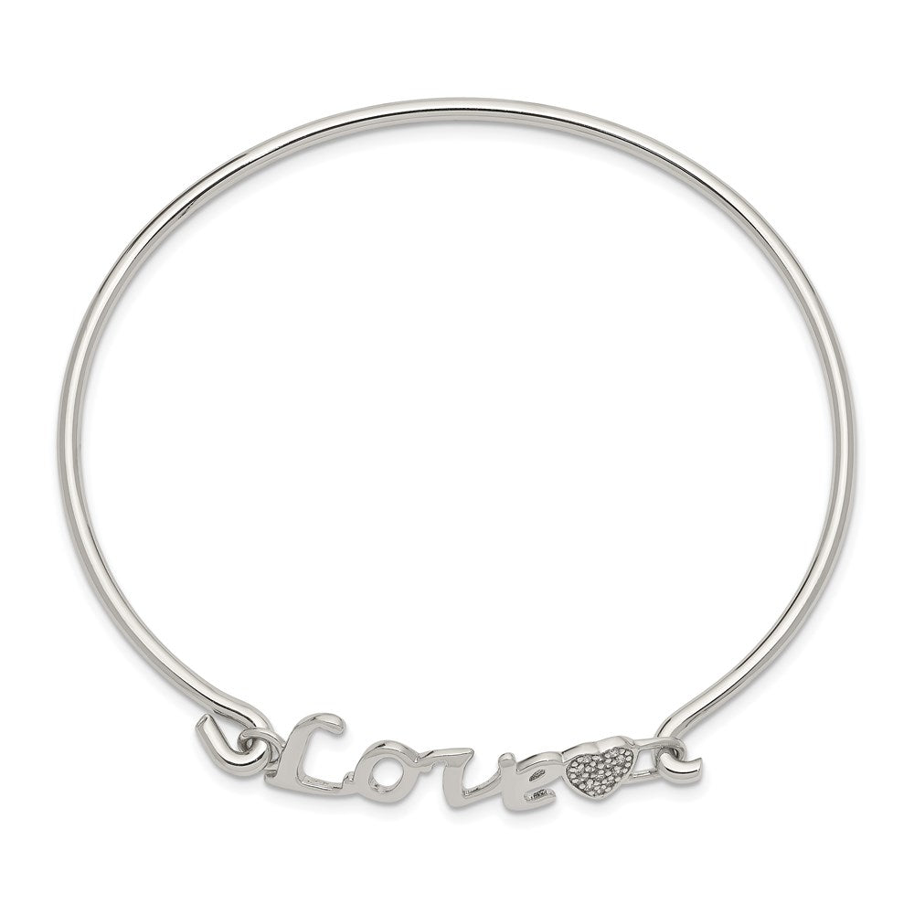 Sterling Silver Rhodium-plated Polished LOVE with CZ Heart Hook Closure Bangle